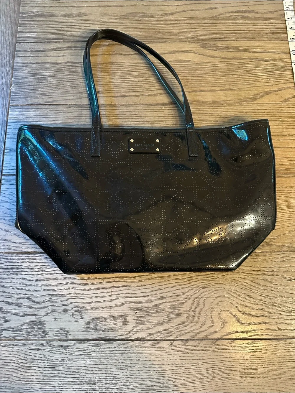 kate spade Black Patent Shoulder Tote with Perforated Pattern